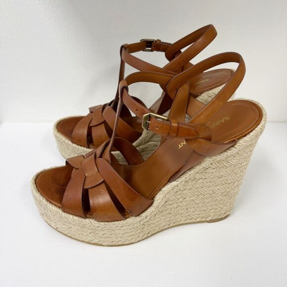 Saint Laurent Womens Amber Tribute Espadrilles Wedge Sandals Size 9.5 39.5 - Picture 1 of 13